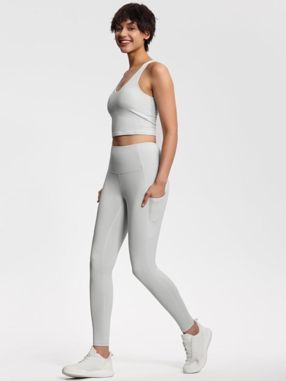 Women's Bright Grey Thick High Waist Tummy Control Workout Yoga Leggings - Picture 3 of 7